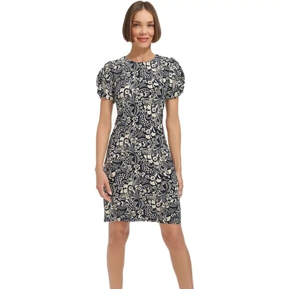 Tommy Hilfiger Petite Printed Round-Neck Ruched-Sleeve Dress Sky Captain Size 8P - Picture 1 of 6